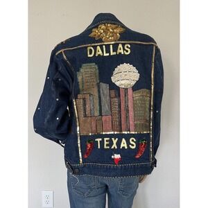 Western Wear Dallas Texas Hand Painted Sequin Jeans Denim Jacket Size 44 Tower